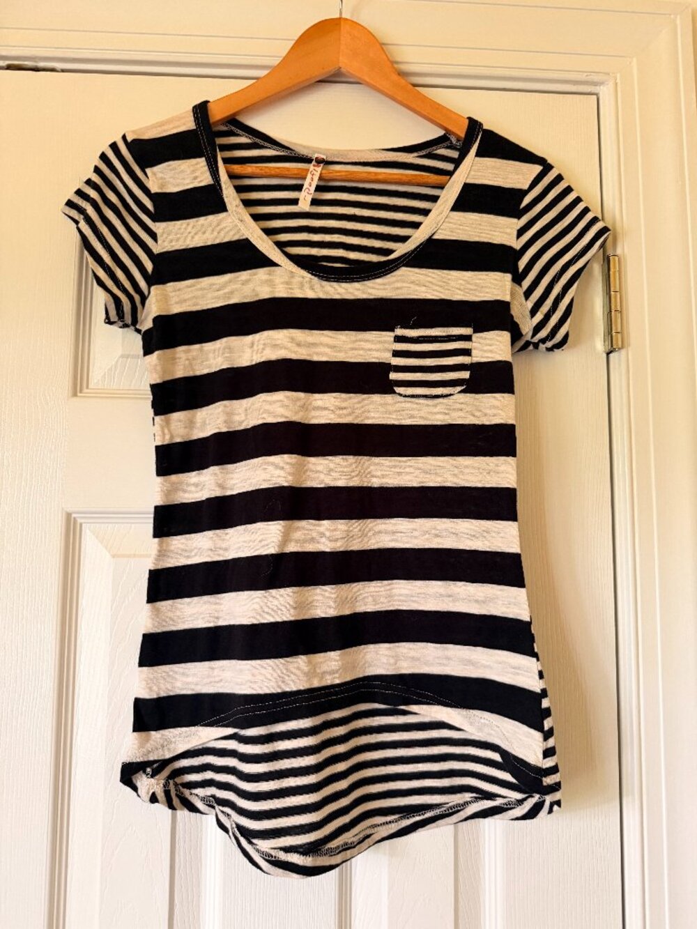 Poof! Black White Striped Pocket Tee Short Sleeve Top Size L